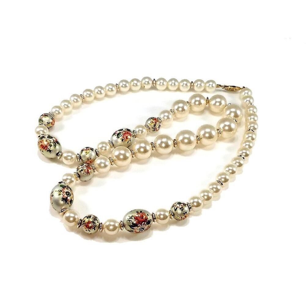 Vintage Painted Floral Glass Beaded Necklace, Faux Pearls, 28 Inches